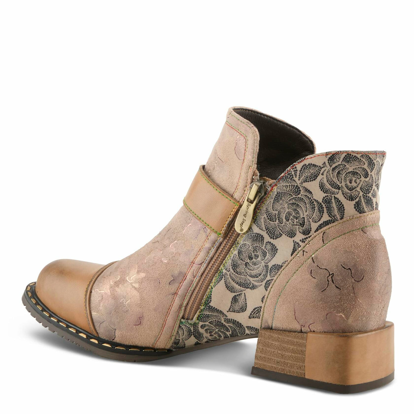 Spring Step L'Artiste Women’s Hand-Painted Leather Ankle Boots — Bold Buckle Strap with Side Zipper Closure — Cushioned Faux Fur Insole, 2" Block Heel