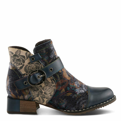 Spring Step L'Artiste Women’s Hand-Painted Leather Ankle Boots — Bold Buckle Strap with Side Zipper Closure — Cushioned Faux Fur Insole, 2" Block Heel