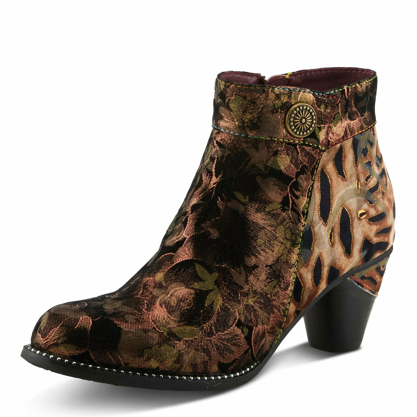 Spring Step L'Artiste Dessalynn Heeled Booties - Suede Velvet Floral Animal Print Ankle Boots - Side Zipper Decorative Button Sculpted 2 1/4 Inch Mid-Heel, BRONZE MULTI EU 41 / US 9.5-10
