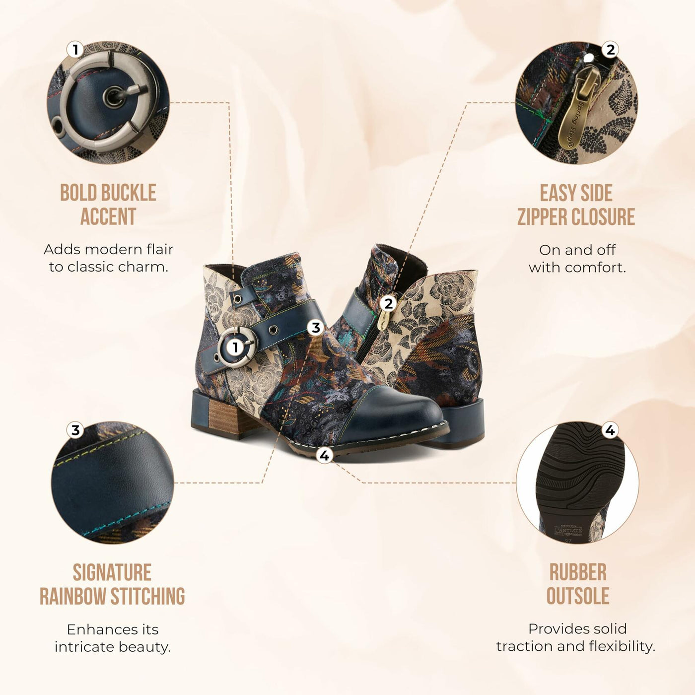 Spring Step L'Artiste Women’s Hand-Painted Leather Ankle Boots — Bold Buckle Strap with Side Zipper Closure — Cushioned Faux Fur Insole, 2" Block Heel