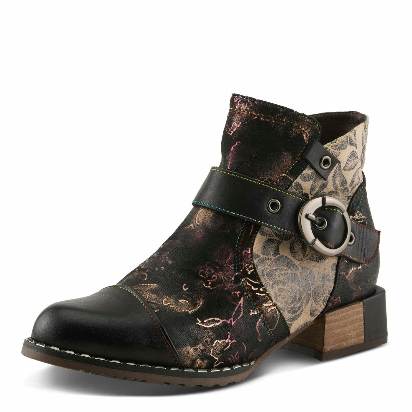 Spring Step L'Artiste Women’s Hand-Painted Leather Ankle Boots — Bold Buckle Strap with Side Zipper Closure — Cushioned Faux Fur Insole, 2" Block Heel