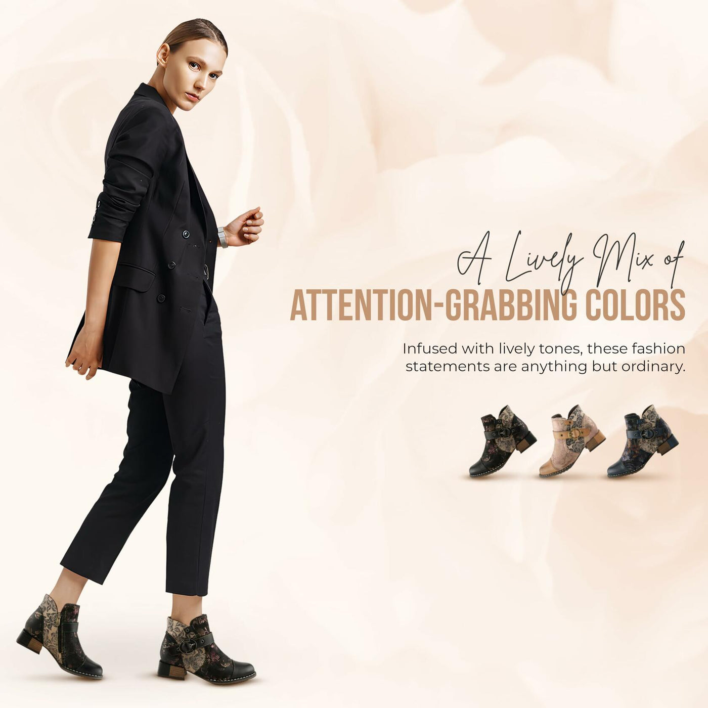 Spring Step L'Artiste Women’s Hand-Painted Leather Ankle Boots — Bold Buckle Strap with Side Zipper Closure — Cushioned Faux Fur Insole, 2" Block Heel