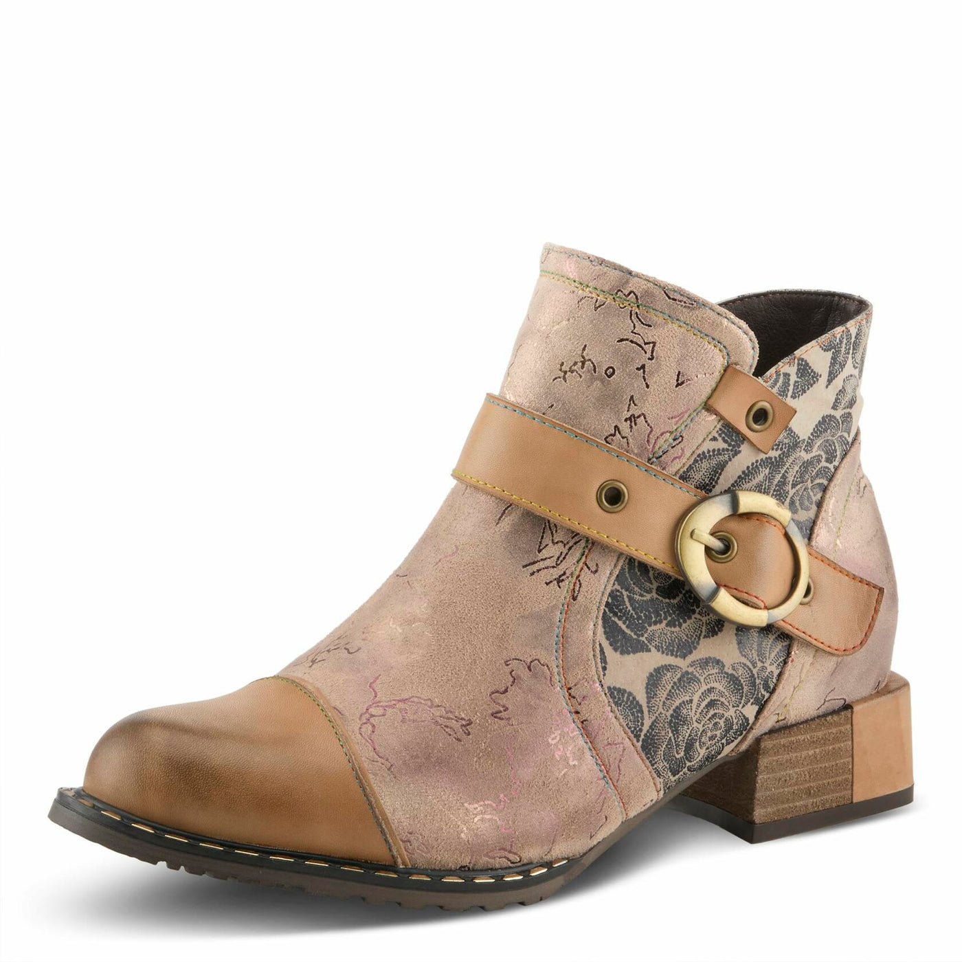 Spring Step L'Artiste Women’s Hand-Painted Leather Ankle Boots — Bold Buckle Strap with Side Zipper Closure — Cushioned Faux Fur Insole, 2" Block Heel