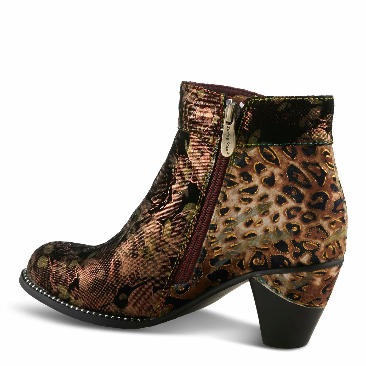 Spring Step L'Artiste Dessalynn Heeled Booties - Suede Velvet Floral Animal Print Ankle Boots - Side Zipper Decorative Button Sculpted 2 1/4 Inch Mid-Heel, BRONZE MULTI EU 41 / US 9.5-10