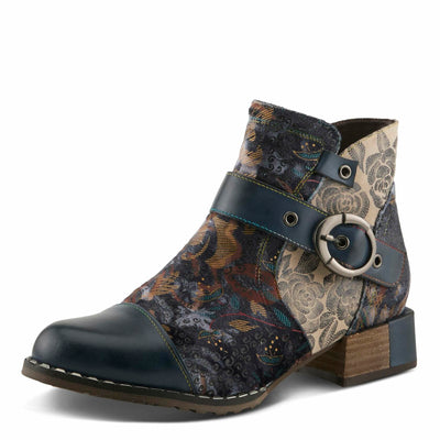 Spring Step L'Artiste Women’s Hand-Painted Leather Ankle Boots — Bold Buckle Strap with Side Zipper Closure — Cushioned Faux Fur Insole, 2" Block Heel