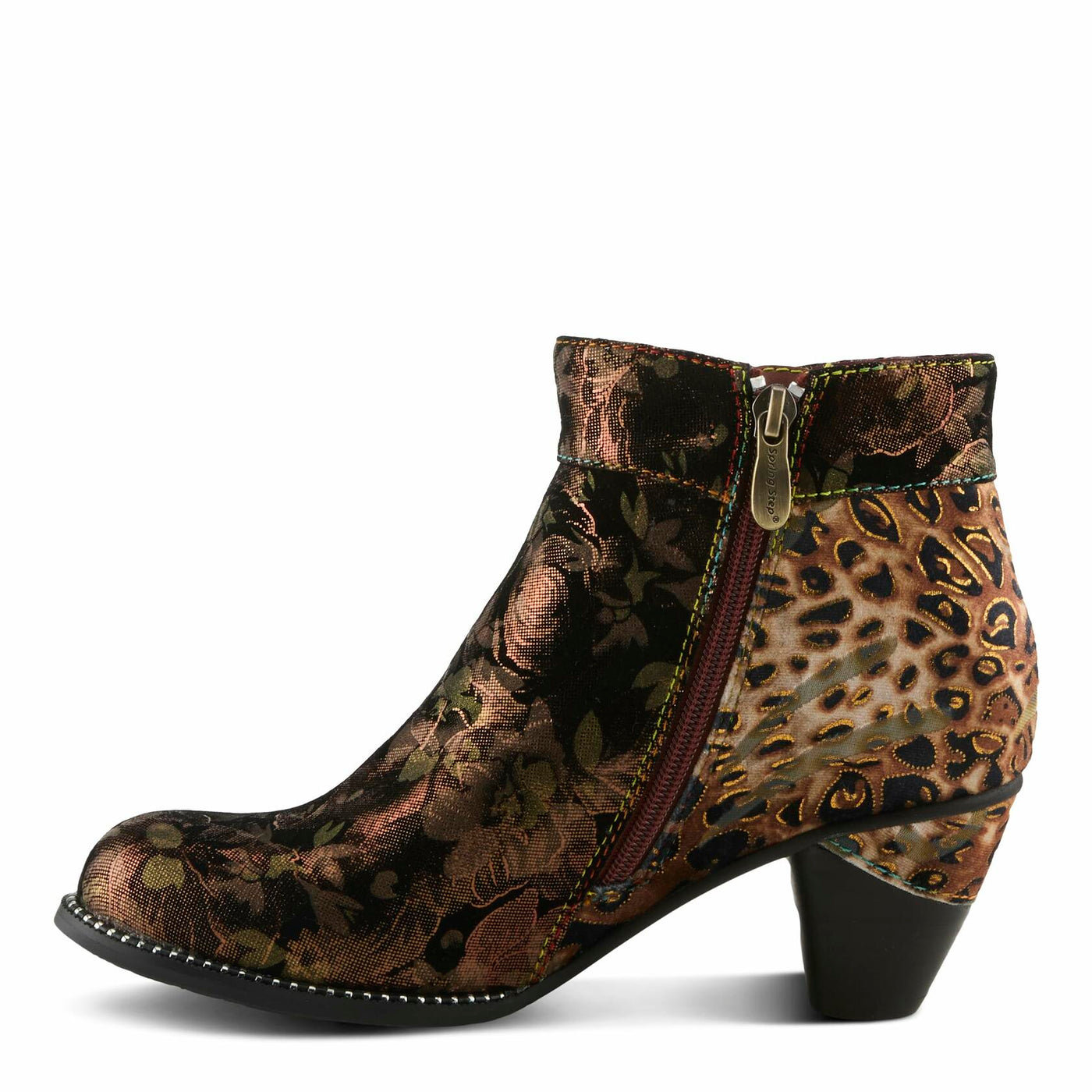 Spring Step L'Artiste Dessalynn Heeled Booties - Suede Velvet Floral Animal Print Ankle Boots - Side Zipper Decorative Button Sculpted 2 1/4 Inch Mid-Heel, BRONZE MULTI EU 41 / US 9.5-10