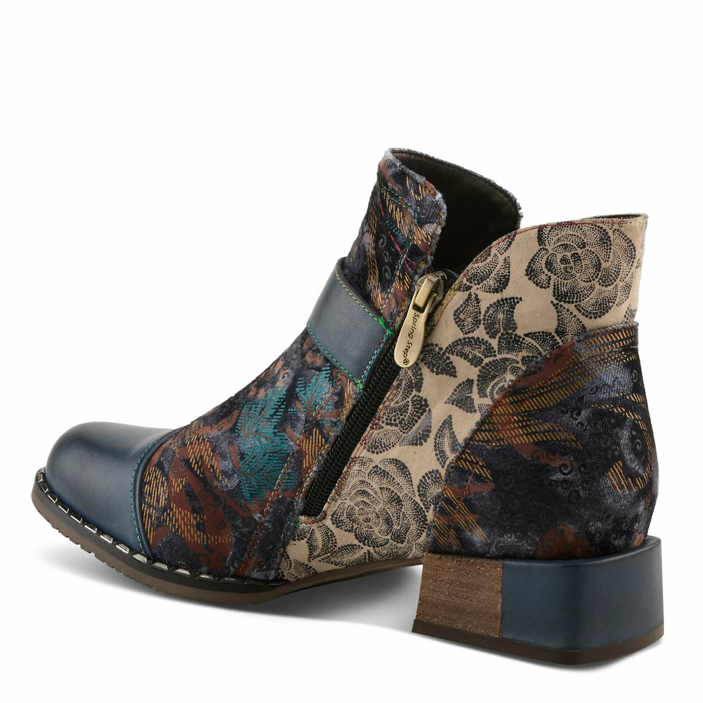 Spring Step L'Artiste Women’s Hand-Painted Leather Ankle Boots — Bold Buckle Strap with Side Zipper Closure — Cushioned Faux Fur Insole, 2" Block Heel