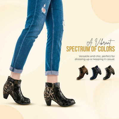 Spring Step L'Artiste Dessalynn Heeled Booties - Suede Velvet Floral Animal Print Ankle Boots - Side Zipper Decorative Button Sculpted 2 1/4 Inch Mid-Heel, BRONZE MULTI EU 41 / US 9.5-10