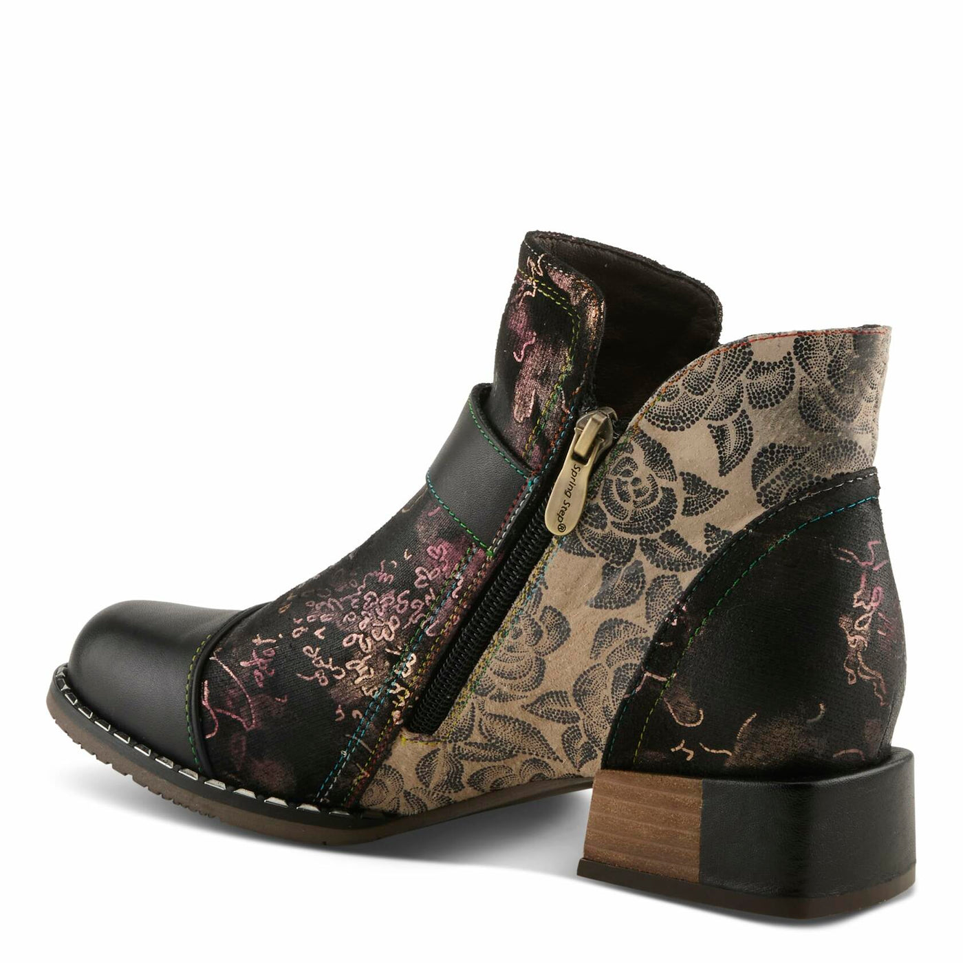 Spring Step L'Artiste Women’s Hand-Painted Leather Ankle Boots — Bold Buckle Strap with Side Zipper Closure — Cushioned Faux Fur Insole, 2" Block Heel