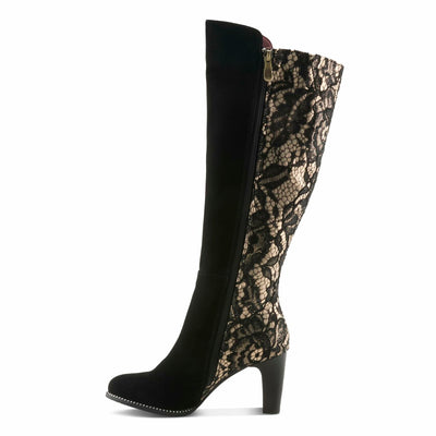 L’Artiste SULTANA Knee-High Suede & Lace Boot – Baroque-Inspired Zip-Up with Mid Heel BLACK MULTI SUEDE EU 42 / US 10.5-11