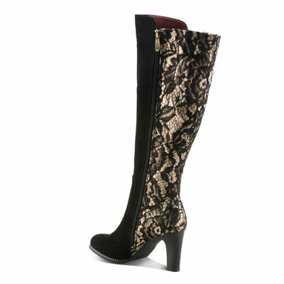L’Artiste SULTANA Knee-High Suede & Lace Boot – Baroque-Inspired Zip-Up with Mid Heel BLACK MULTI SUEDE EU 43 / US 11.5-12