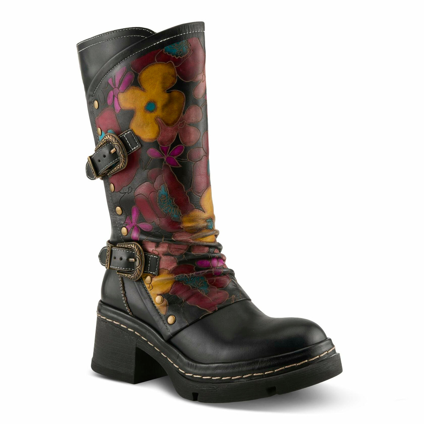 Spring Step L'Artiste Coolvibes Platform Boots | Hand-Painted Leather Mid-Shaft Boots with Buckle Detail